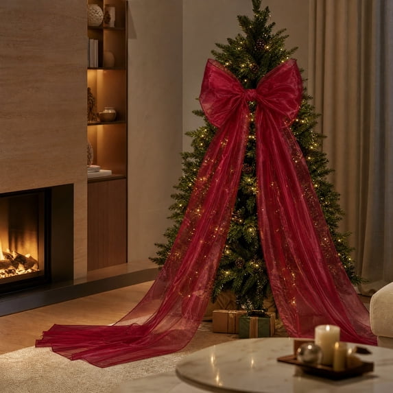 Giant Pearlescent Sheer Bow, Christmas Tree Bow Topper, Double‑Layer Sheer Ornament With Long Flowing Ribbons