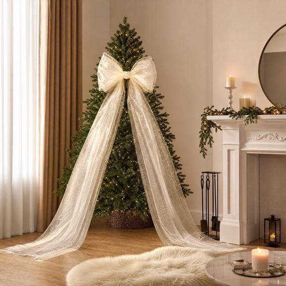 Giant Pearlescent Tulle Bow, Christmas Tree Top Decoration, Flowing Long Streamer Bow for Modern Xmas Home Decor, Beige