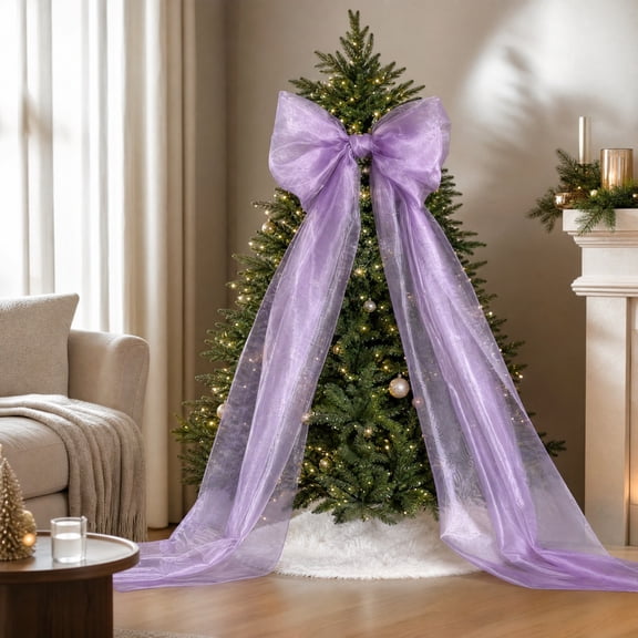 Giant Pearlescent Tulle Bow, Christmas Tree Top Decoration, Flowing Long Streamer Bow for Modern Xmas Home Decor, Purple