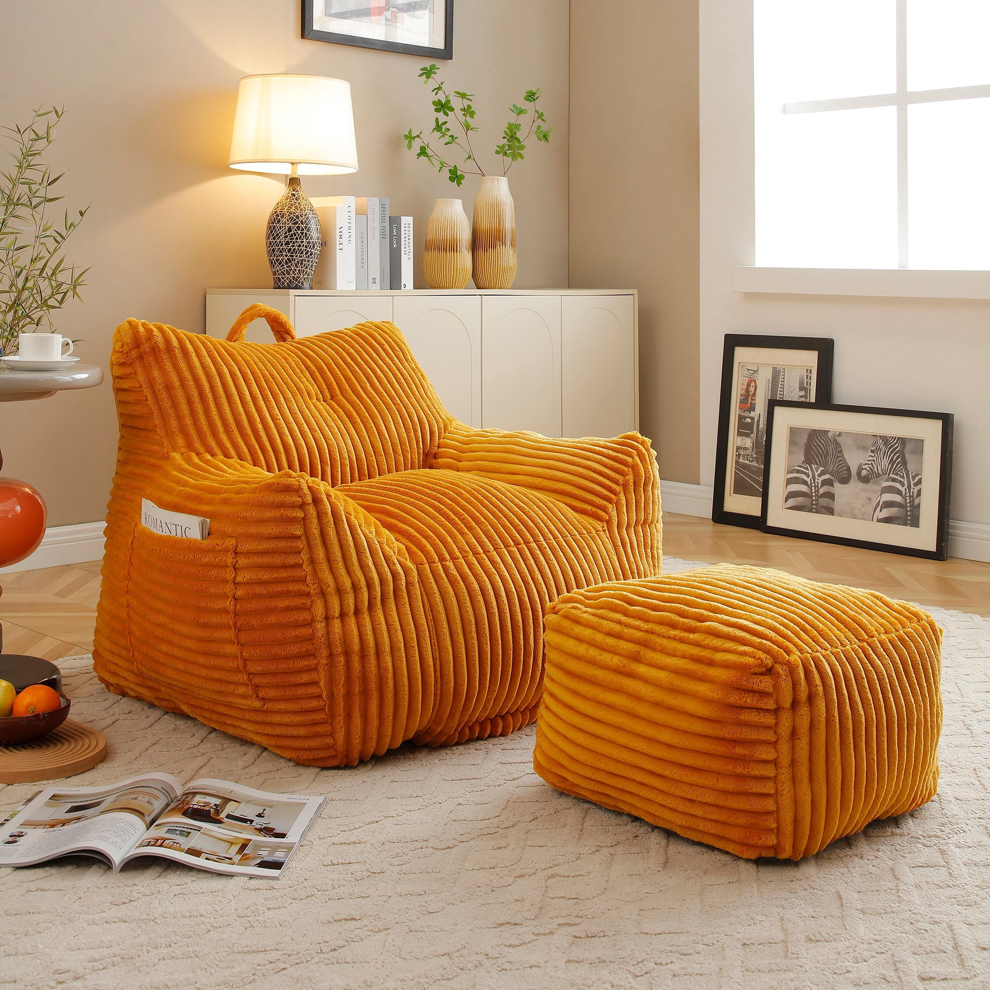 Giant Plush Bean Bag Chair for Adults with Armrests and Footstool, Comfy Beige Beanbag Chaise Lounge Lazy Floor Sofa Chair for Living Room, Bedroom & Dorm, Cozy Fluffy Cloud Mini Couch (Yellow)