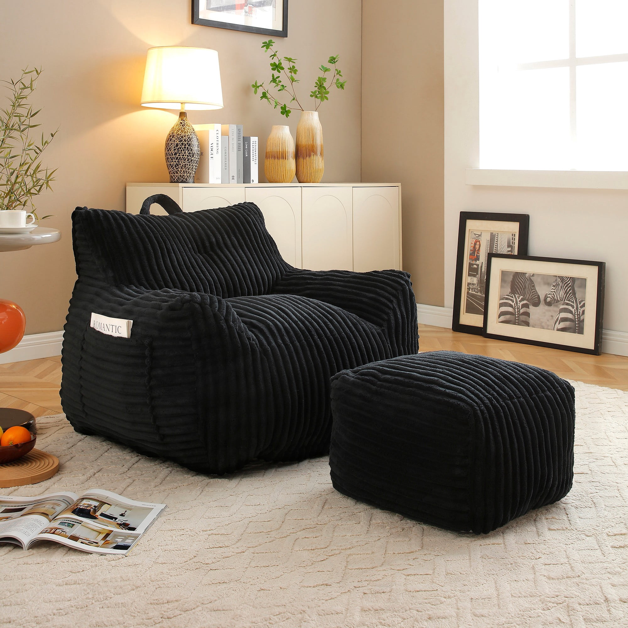 Giant Plush Bean Bag Chair for Adults with Armrests and Footstool, Comfy Beige Beanbag Chaise Lounge Lazy Floor Sofa Chair for Living Room, Bedroom & Dorm, Cozy Fluffy Cloud Mini Couch (Black)