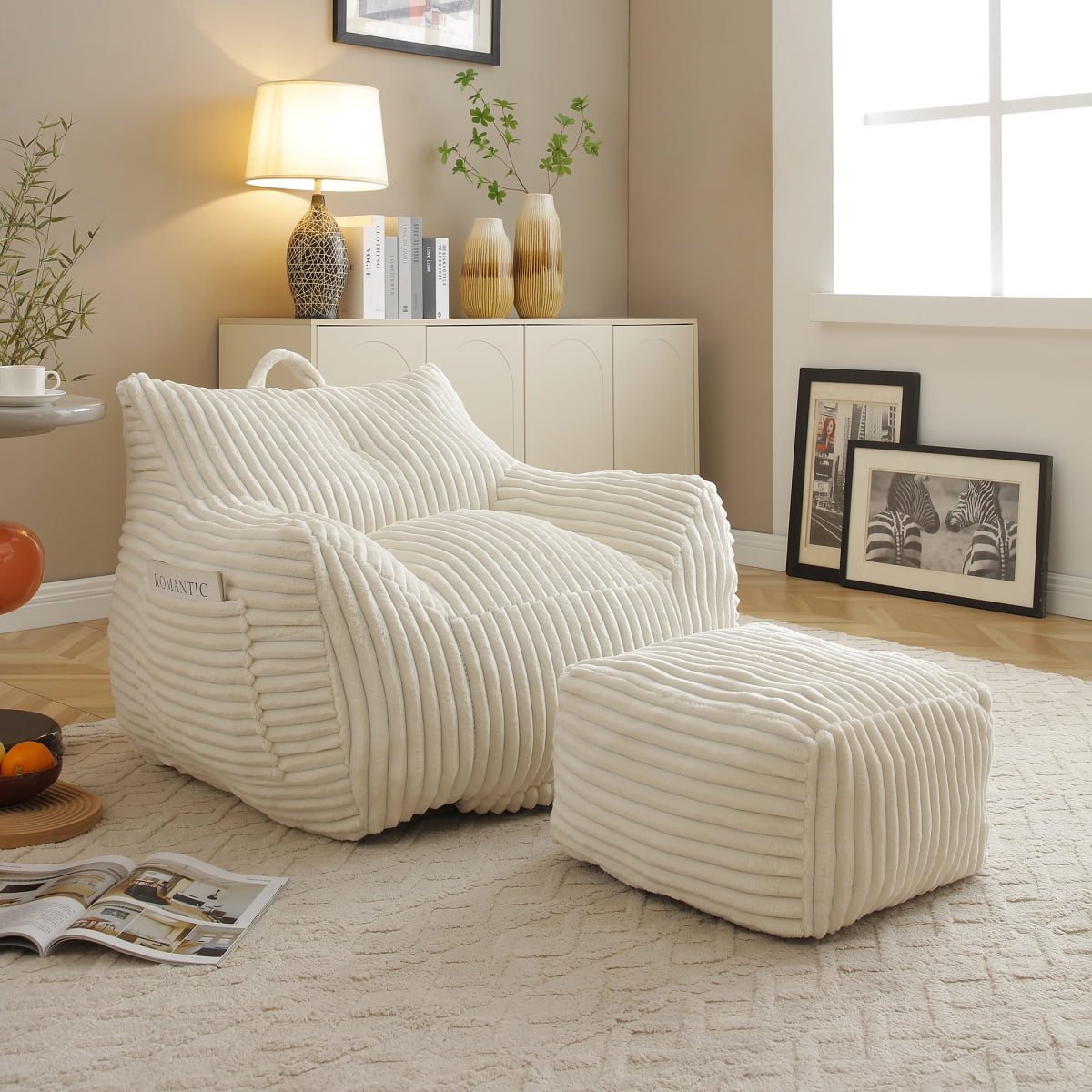 Giant Plush Bean Bag Chair for Adults with Armrests and Footstool -- Comfy Beige Beanbag Chaise Lounge Lazy Floor Sofa Chair for Living Room, Bedroom & Dorm, Cozy Fluffy Cloud Mini Couch BN.6128
