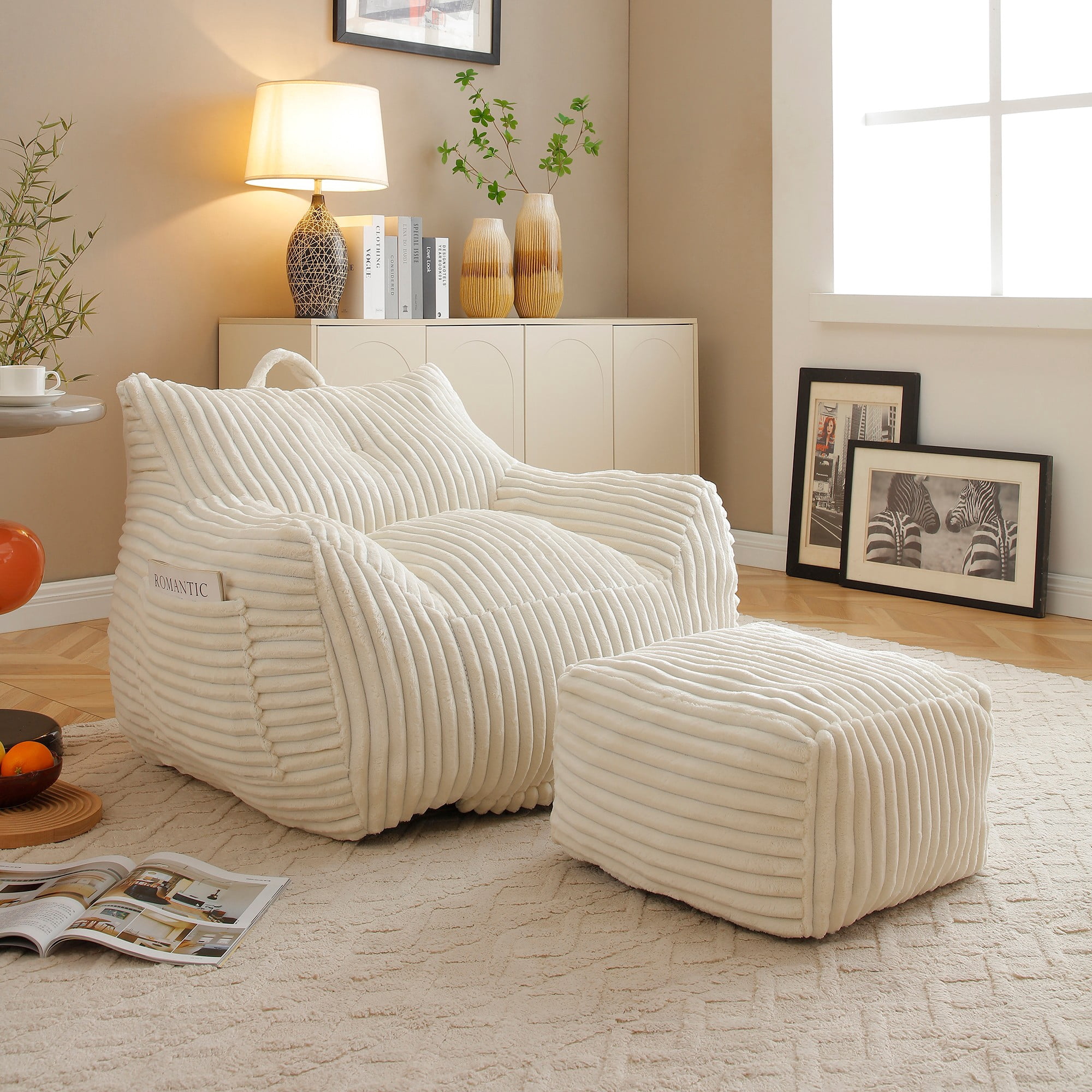 Giant Plush Bean Bag Chair for Adults with Armrests and Footstool, Comfy Beige Beanbag Chaise Lounge Lazy Floor Sofa Chair for Living Room, Bedroom & Dorm, Cozy Fluffy Cloud Mini Couch (Beige)