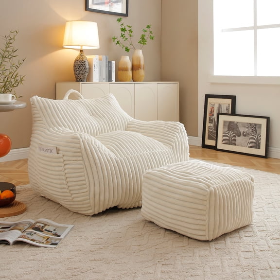 Giant Plush Bean Bag Chair for Adults with Armrests and Footstool, Comfy Beige Beanbag Chaise Lounge Lazy Floor Sofa Chair for Living Room, Bedroom & Dorm, Cozy Fluffy Cloud Mini Couch (Beige)