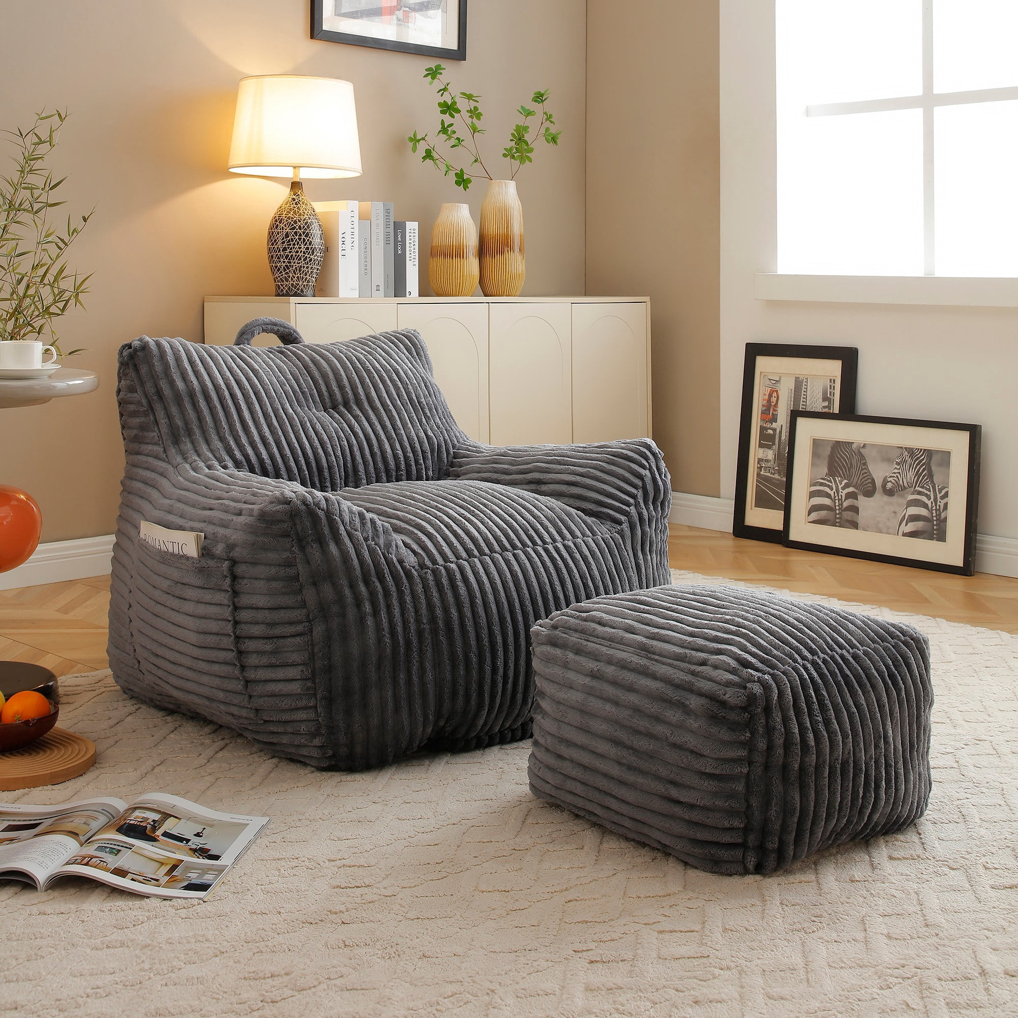 Giant Plush Bean Bag Chair for Adults with Armrests and Footstool, Comfy Beige Beanbag Chaise Lounge Lazy Floor Sofa Chair for Living Room, Bedroom & Dorm, Cozy Fluffy Cloud Mini Couch (Gray)