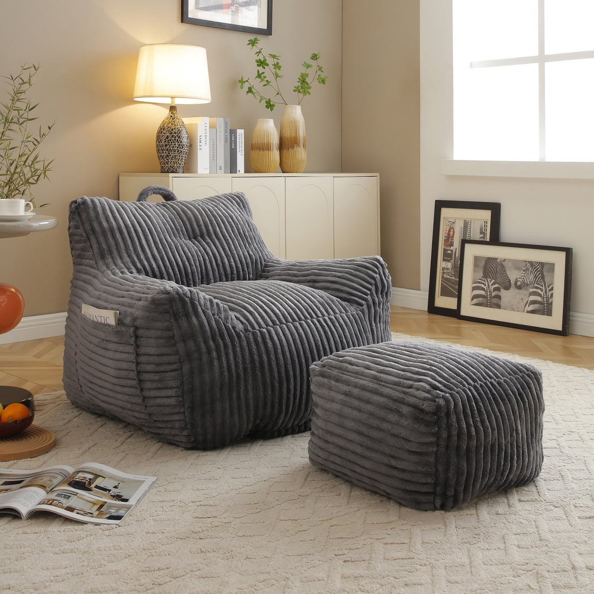 Giant Plush Bean Bag Chair for Adults with Armrests and Footstool -- Comfy Grey Beanbag Chaise Lounge Lazy Floor Sofa Chair for Living Room, Bedroom & Dorm, Cozy Fluffy Cloud Mini Couch BN.8636