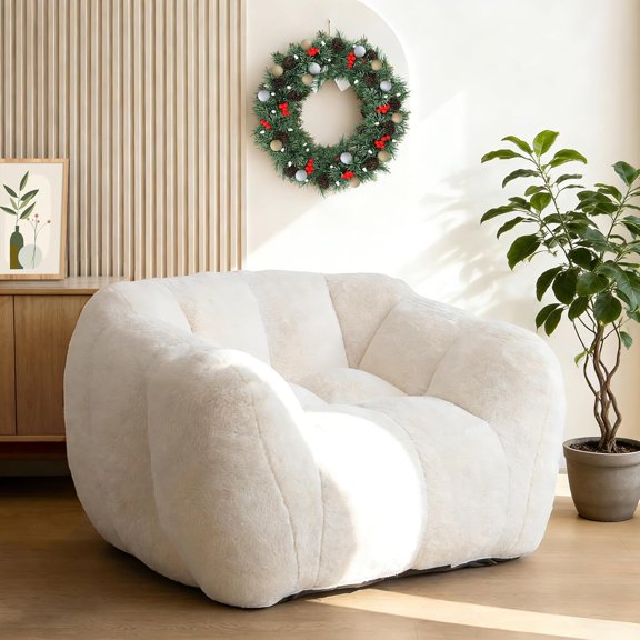 Giant Plush Bean Bag Chair for Adults, Fluffy Cloud Floor Sofa for Cozy Reading or Relaxing in Bedroom, Beige