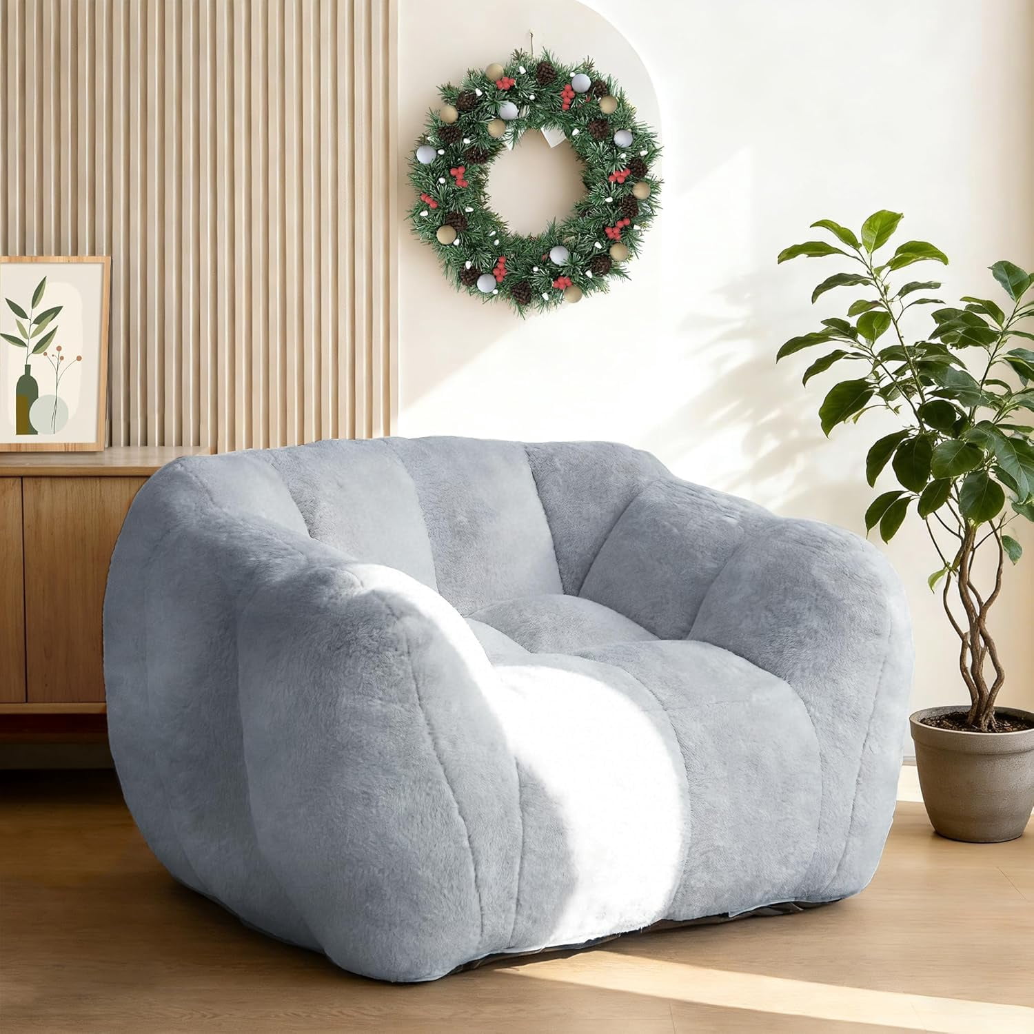 Giant Plush Cloud Bean Bag Chair for Adults, Cozy Comfy Reading Floor Sofa for Bedroom or Living Room, Grey