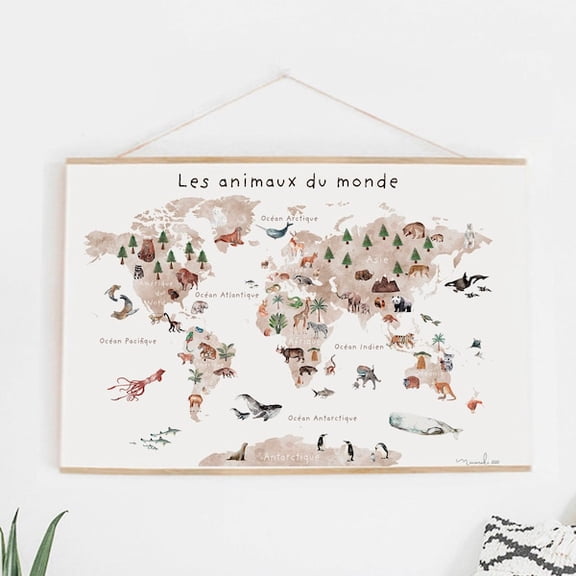 Giant Poster Only Poster World Map Child Animals French Back To School Education Learning- Wall Art Print, 8x12 UNFRAMED