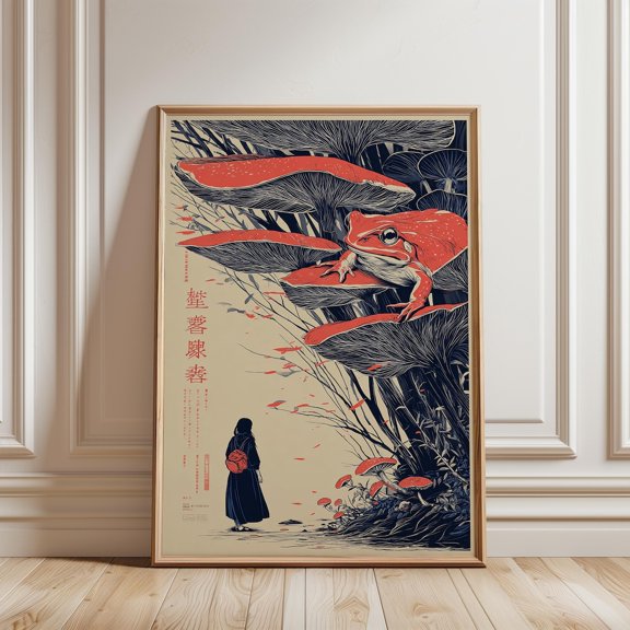 Giant Red Frog Surreal Forest Illustration Whimsical Nature Wall Art, Stretched Canvas 16x20in