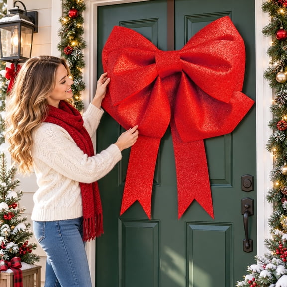 Giant Red Glitter Bow Decoration with Diy Eva Material Kit,39 Inch,Sparkling Red,for Christmas and Valentine's Day Party,Bow Hanger