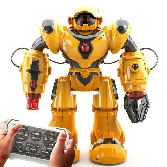 YCFUN RC Robot Toy for Kids, 15-Inch Programmable Smart Dancing Robot with 22 Actions, LED Lights, Music, Christmas Birthday Robot Gift for Boys Girls (Yellow)