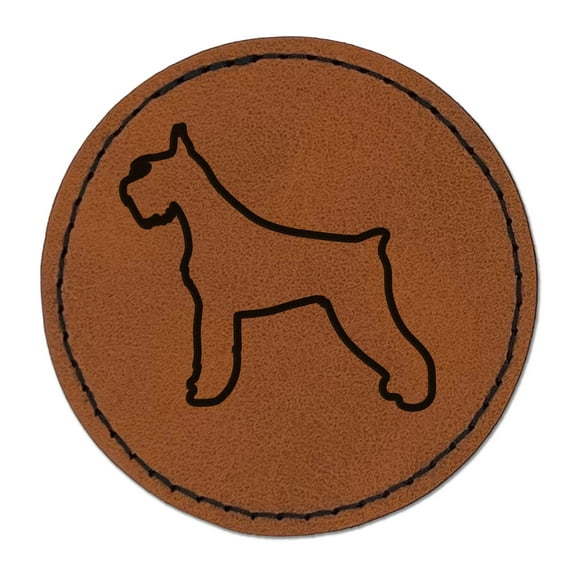 Giant Schnauzer Dog Outline 2.5" Faux Leather Round Engraved Iron-On Patch - Brown