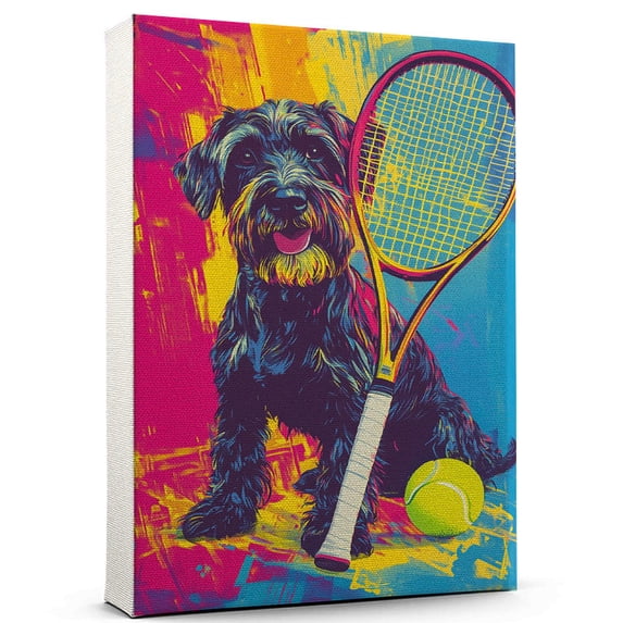Giant Schnauzer Dog Stretched Canvas Size 8x12 Tennis Canvas – Cute Giant Schnauzer Canvas Wall Art of Puppy Playing Tennis, Perfect for Dog and Sports Fans