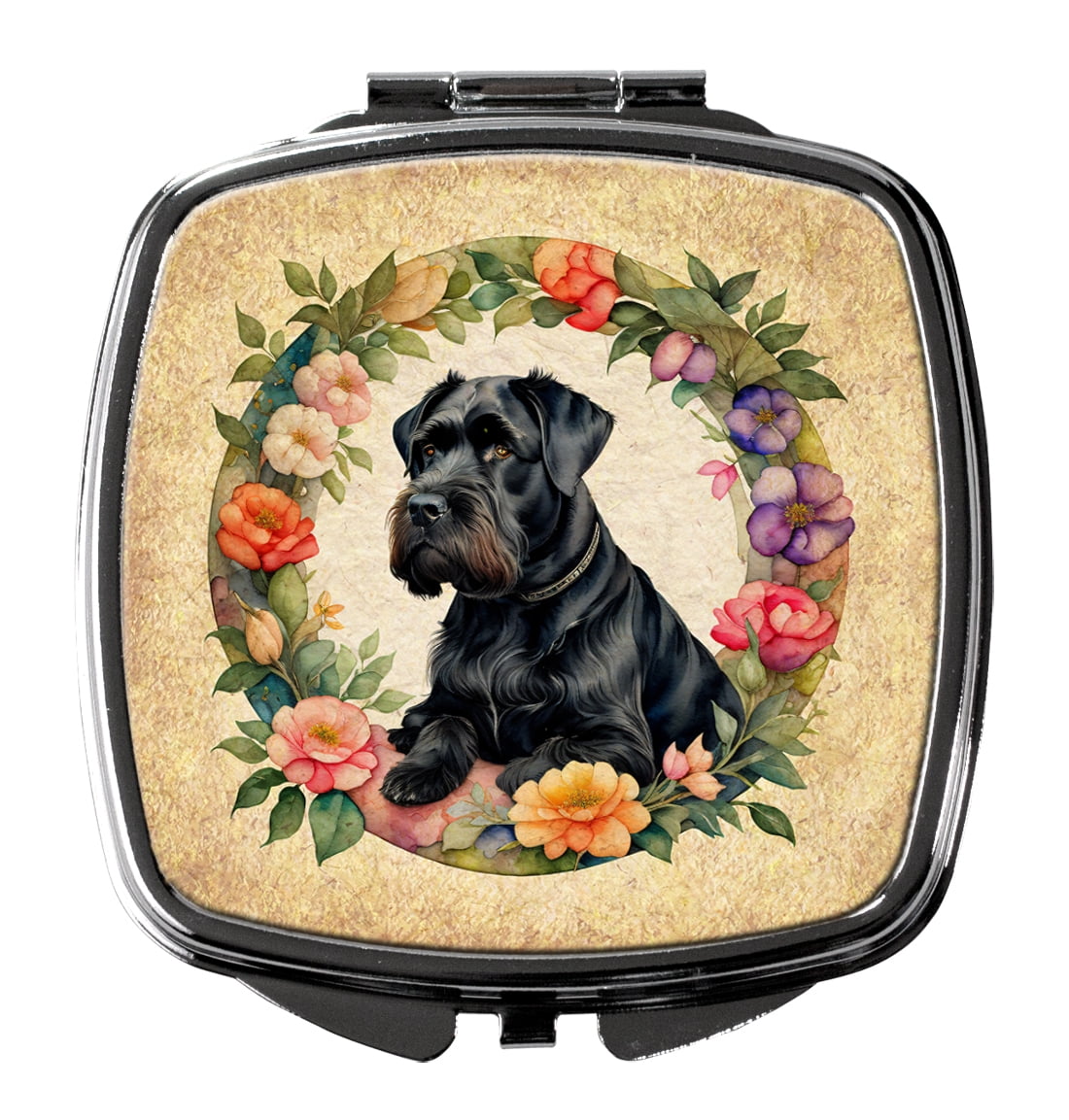 Giant Schnauzer and Flowers Compact Mirror 2.75 in x 3 in