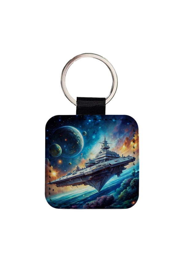 Giant Sci-Fi Warship In Space Watercolor Faux Leather Square Keychain