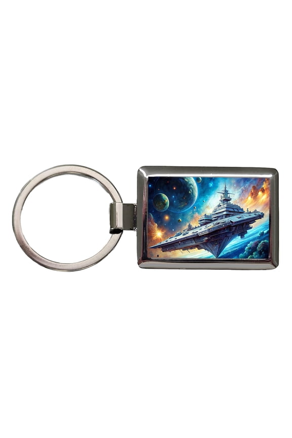 Giant Sci-Fi Warship In Space Watercolor Metal Rectangle Keychain