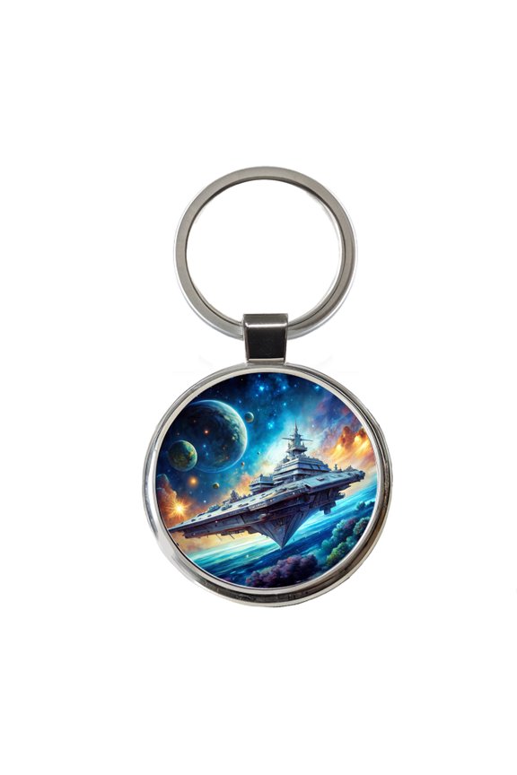 Giant Sci-Fi Warship In Space Watercolor Metal Round Keychain