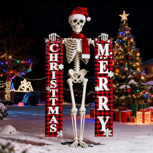 Giant Skeleton Christmas Outfit,12ft Skeleton Christmas Accessories Costume Including Giant Santa Hat,Xmas Banners,Scarf for Garden Lawn Indoor Outdoor Decor