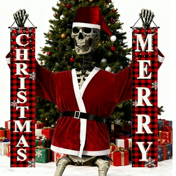 Giant Skeleton Christmas Outfit,12ft Skeleton Xmas Accessories Costume Including Giant Santa Hat,Claus Top,Merry Christmas Banner for Garden Lawn Indoor Outdoor Decor