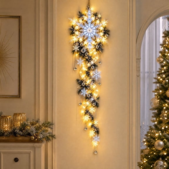 Giant Snowflake Blizzard Trail Light, Illuminated Winter Wall Cascade Decor with Warm Led, Frosted Greenery and Hanging Accents for Indoor Christmas Entryway,Snowflake Blizzard
