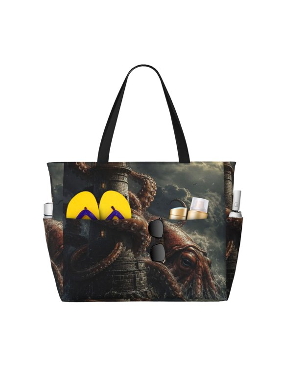 Giant Squid And Lighthouse Nautical Illustration Large Capacity Beach Travel Tote Bag Shoulder Handbag for Gym Camping Shopping