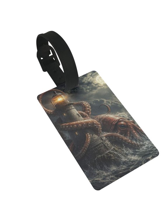Giant Squid And Lighthouse Nautical Illustration Luggage Tags Suitcases ID Baggage Identifier Card Name Tag for Travel Backpacks Gym Bags
