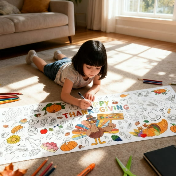 Giant Thanksgiving Coloring Tablecloth 76X183Cm, Waterproof Graffiti-Proof Paper Poster, Interactive Kids Art Activity Decor For Family Gatherings