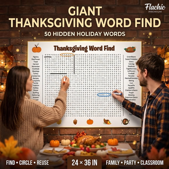 Giant Thanksgiving Word Search Poster, 24 x 36 in Reusable Dry Erase Holiday Word Find Game with 50 Words for Thanksgiving & Christmas Parties