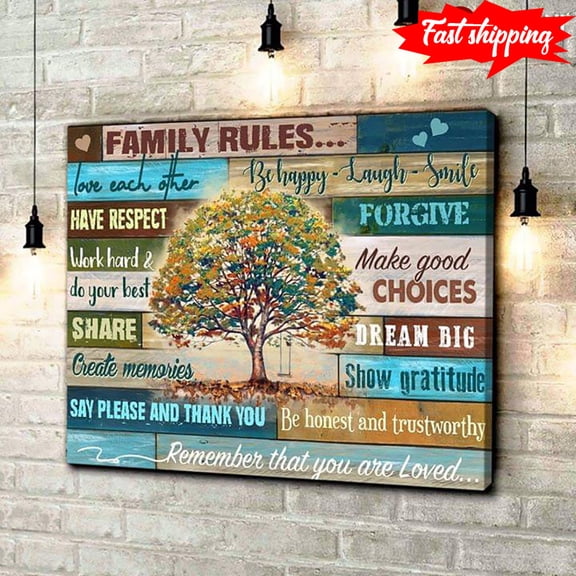 Giant Tree Family Rules Love Each Other Be Happy Laugh Smile Have Respect Forgive Word Hard & Try Your Best 11 x 17 Inch Poster