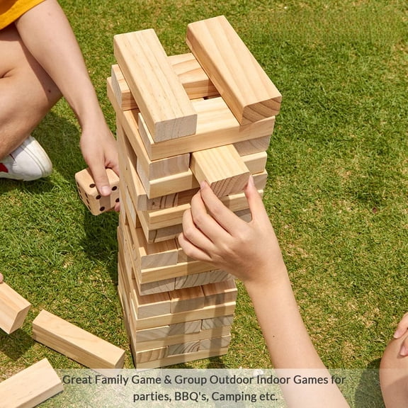 Giant Tumble Tower (Stack from 2Ft to Over 4.2Ft), 54 PCS Pine Wooden Stacking Timber Game with 1 Dice Set - Classic Block Giant Outdoor Game for Teens Adults Family
