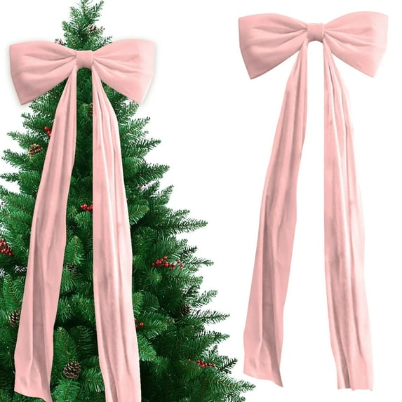 Giant Velvet Christmas Bow Tree Topper - 6 Ft Oversized Bow in Off-White & Pink for Xmas Tree, Window, Wall and Mantle Decor