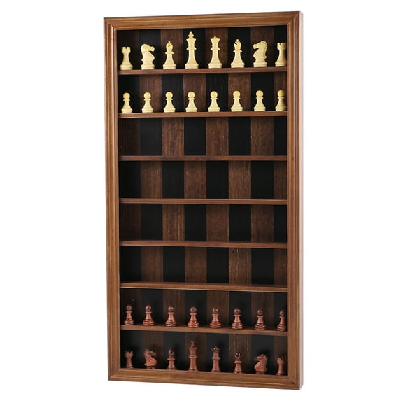 Giant Wall Mounted Board Game Wooden Chess Game Set with A Complete Set of Carved Chess Pieces Vertical Display Cabinet for Home Games Hanging Art Home Decoration (Burnt Color)