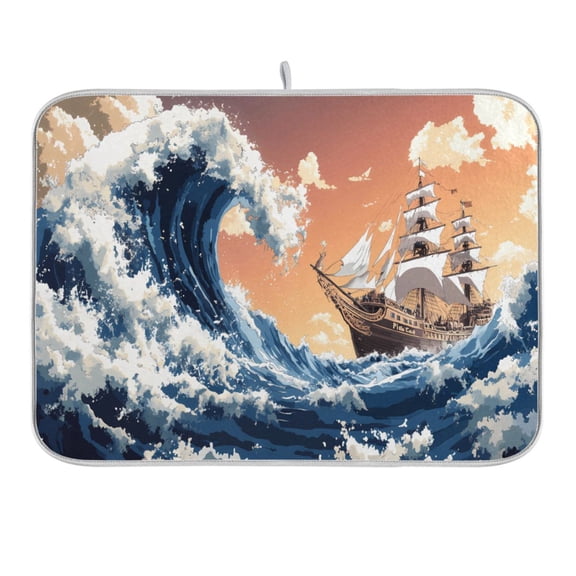 Giant Waves and Pirate Ship Dish Drying Mat for Kitchen Counter 16x18 In Absorbent Microfiber Reversible Mats Dish Drainer Protector Rack Pad for Coffee Bar Table