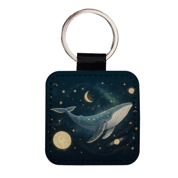 Giant Whale Floating In Space Faux Leather Square Keychain