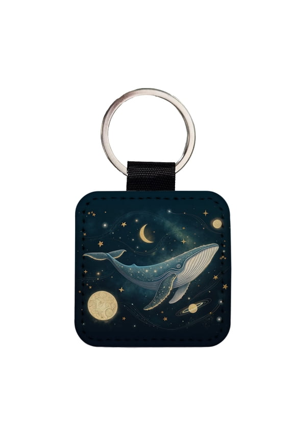 Giant Whale Floating In Space Faux Leather Square Keychain