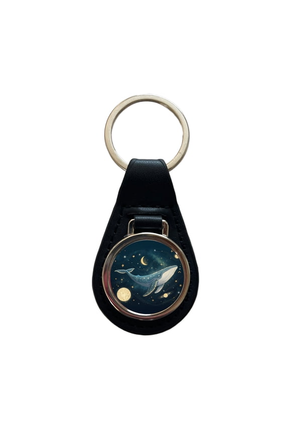 Giant Whale Floating In Space Metal Black Leather Keychain