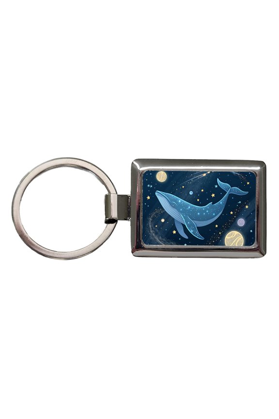 Giant Whale Floating In Space Stars Planets Metal Rectangle Keychain