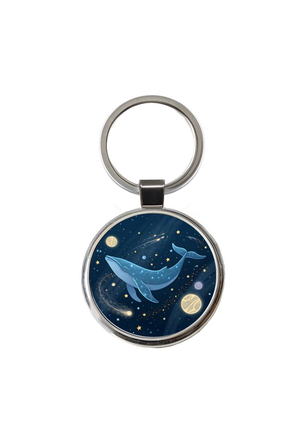 Giant Whale Floating In Space Stars Planets Metal Round Keychain