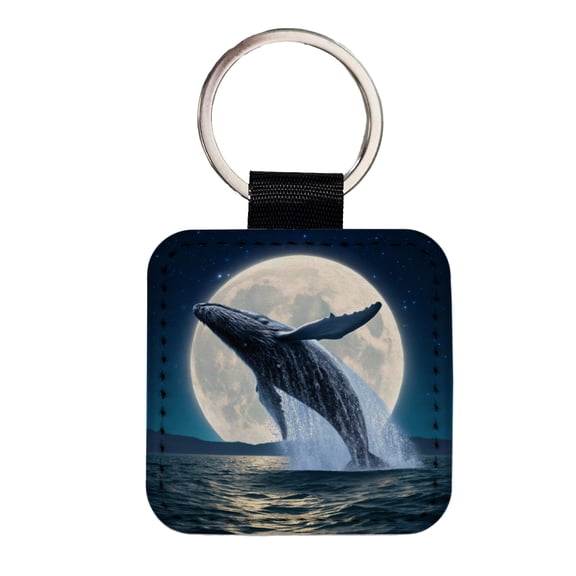 Giant Whale Leaping Over Ocean Moon Faux Leather Square Keychain
