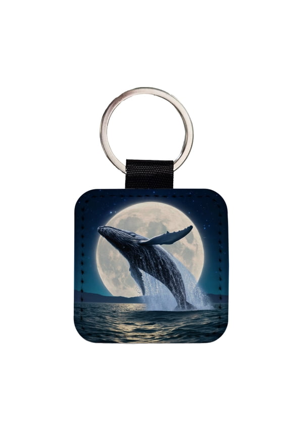 Giant Whale Leaping Over Ocean Moon Faux Leather Square Keychain