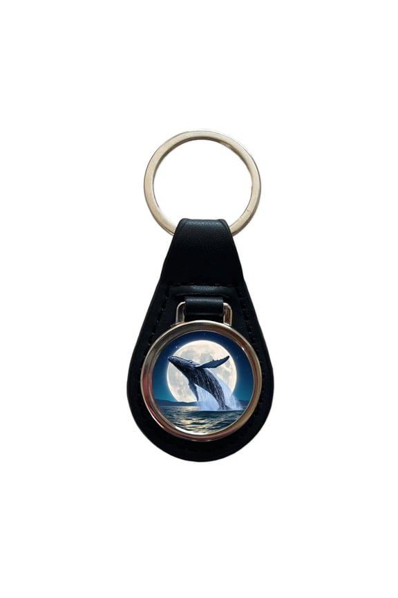 Giant Whale Leaping Over Ocean Moon Metal Black Leather Keychain