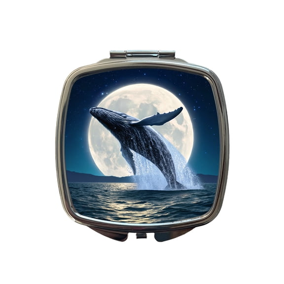 Giant Whale Leaping Over Ocean Moon Travel Makeup Handbag Purse Small Pocket Compact Mirror