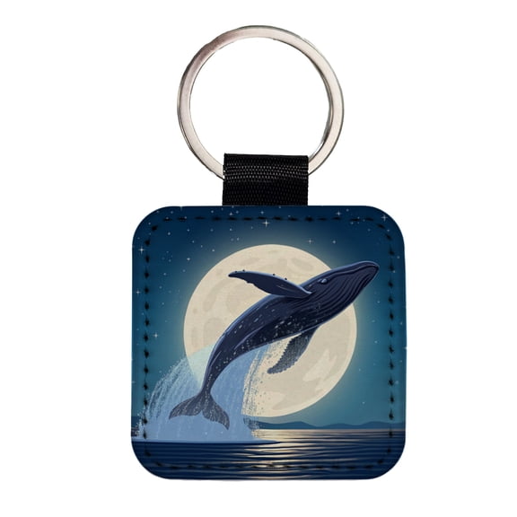 Giant Whale Leaping Over Ocean Night Faux Leather Square Keychain