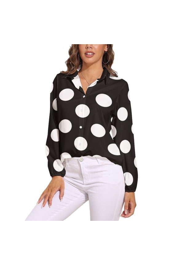 Giant White And Dark Grey Polka Dot Pattern Long Sleeve Blouse Woman Streetwear Casual Shirts Summer Oversize Woman Streetwear Clothing Birthday Present