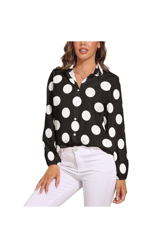 Giant White And Dark Grey Polka Dot Pattern Long Sleeve Blouse Woman Streetwear Casual Shirts Summer Oversize Woman Streetwear Clothing Birthday Present