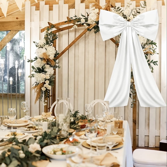 Giant White Satin Christmas Hanging Bow, Oversized Pre-Tied Ribbon Bow with Long Tails, Large Decorative Bow for Winter Wedding, Christmas Backdrop & Wreath