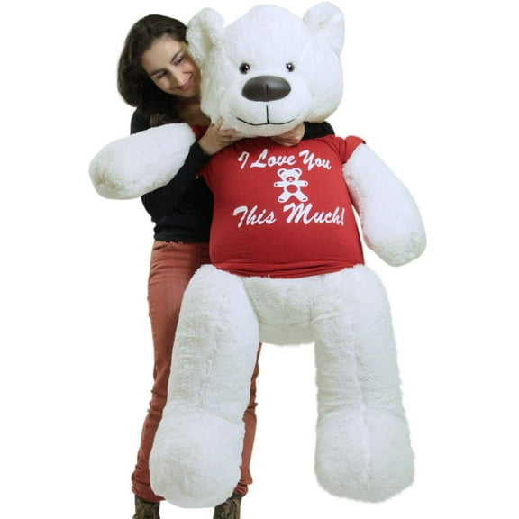 Giant White Teddy Bear Soft 55 Inch, Wears Removable T-shirt I LOVE YOU THIS MUCH