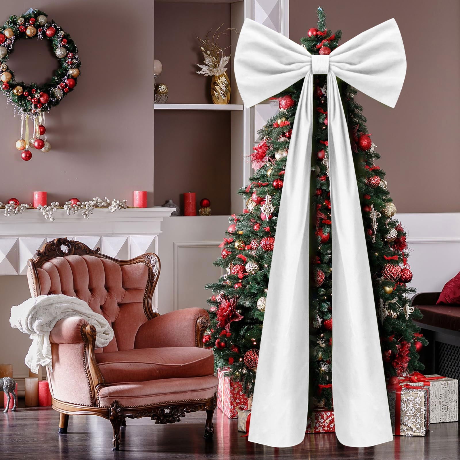 Giant White Velvet Christmas Bow – 6 ft Oversized Tree Topper Bow for ...