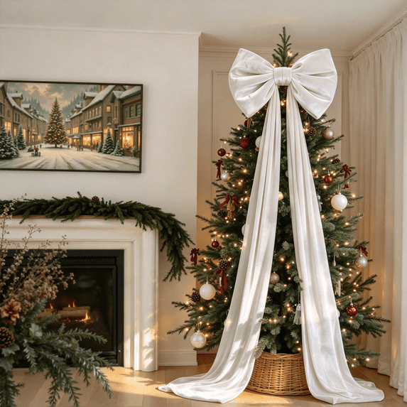 Giant White Velvet Christmas Tree Topper Bow, 79 × 16 Inch Oversized Holiday Bow for Tree, Wall, Window, Mantel & Home Decor